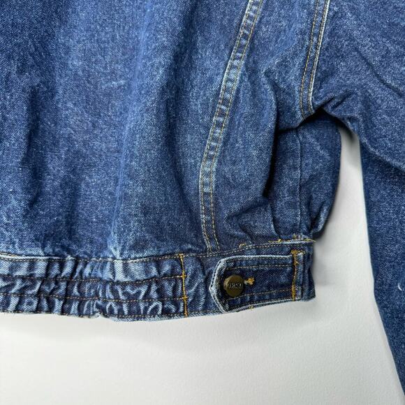 Vintage Get Used Denim Crop Jean Jacket Flannel Lined Patches Size Medium - Picture 7 of 8